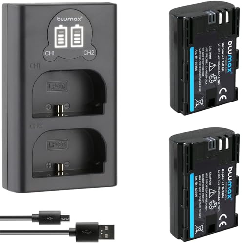 2X Blumax Akku kompatibel mit Canon LP-E6N [ 2040mAh ] + Slim Dual Charger LP-E6NH LP-E6 für Canon EOS R R5 R6 II R7-5D Mark III IV - 6D 7D 80D 90D