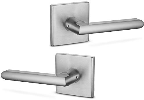 Berlin Modisch Dummy Lever Door Handle Pack of 2 Slim Square Non-Turning Single Side Pull Only Lever Set [for Closet or French Doors] Heavy Duty - Satin Nickel Finish