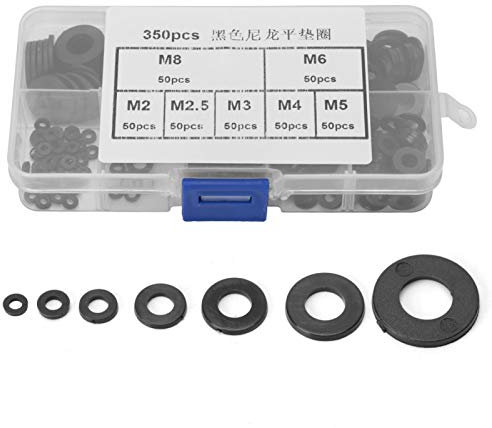 Junta tórica de respaldo, arandela plana de nailon, 350 piezas Kit de anillo de junta plana de arandela de plástico de nailon negro M2/M2.5/M3/M4/M5/M6/M8