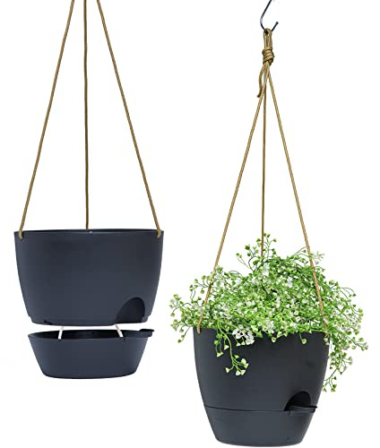SwinDuck 10 Inch Self Watering Hanging Pots, 2 Pack Hanging Planters with 40oZ Deep Reservior for Indoor Outdoor Plants Flowers, Black