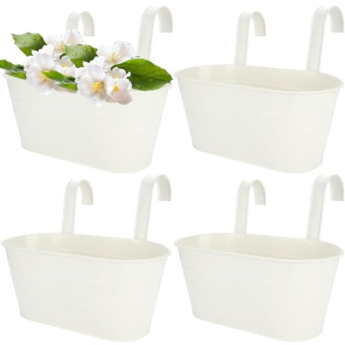 DAJAVE 4 Pcs Balcony Planters for Railing Over Fence Planters Metal Hanging Flower Pots Outdoor Hanging Plant Pot with Detachable Hook Large Hang Planter for Garden Fence Balcony Decor