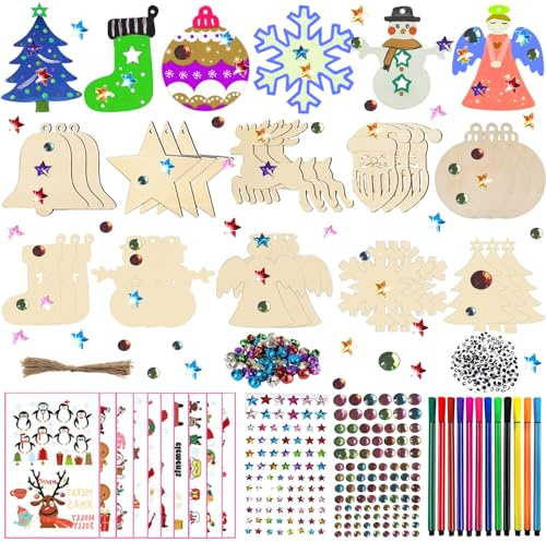 336Pcs Bastelset Weihnachten Kinder, Holzanhänger Weihnachten Deko, Bastelset Weihnachten, Baumschmuck Weihnachten, Holzanhänger Weihnachten, Christbaumschmuck und Weihnachtsgeschenke für Kinder
