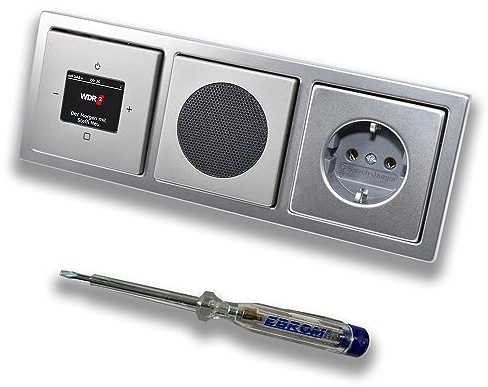 Busch Jäger DAB+ (DAB PLUS) Radio encastrée 8215U-101 PUR en acier inoxydable avec haut-parleur, couvertures, prise de courant, cadre + testeur de phase EBROM pour montage d'appareils - 8215 U – 101