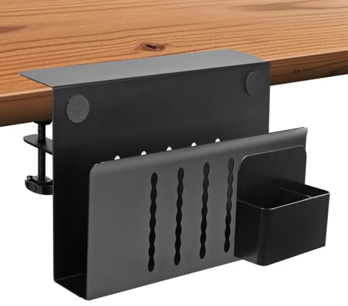 Qivine Support vertical pour ordinateur portable avec étui à stylos, sans perçage, rangement latéral peu encombrant pour bureau et maison (noir, une seule couche)