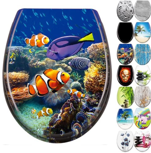 JNGLGO Copriwater sedile WC con abbassamento automatico, antibatterico, con coperchio, ovale, in Duroplast per una facile pulizia, mondo subacqueo