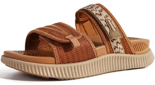 KuaiLu Womens Orthotic Slides Athletic Thick Cushion Recovery Sandals Adjustable Strap Open Toe Slip On Yoga Mat Walking Ladies Sport Sandles Comfort Plantar Fasciitis Arch Support Tan Size 6
