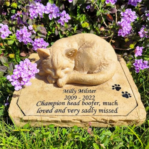 JHB Personalisierte Katzen Gedenksteine, lasergravierte 3D-Statue schlafende Katze, Wasserdicht Katze Grabstein, Katzengrabstein, Katzen-Grabstein, Katzen-Andenken, Gedenkgeschenke, Haustier-Grabstein