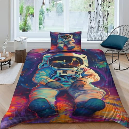 VesFy Cooler Astronaut Kinderbettwäsche Set Kinder Jungen Bettdecke Decken Weich Microfaser 3D Druck Weltraum-Forscher Bettbezug Und Kissenbezug 2 Teilig Reißverschluss Single（135x200cm）