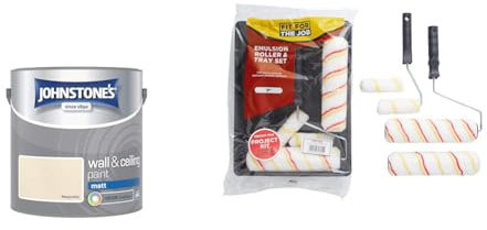 Johnstone's - Wall & Ceiling Paint - Magnolia - Matt Finish - Emulsion Paint - Fantastic Coverage & Fit For The Job 7 piece Emulsion Paint Roller Set, 2x 9 inch & 2x Mini Paint Rollers, Frames & Paint