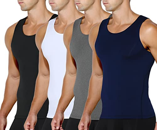 Casey Kevin magkontroll skjorta herr 4-pack shapewear undertröja herr kompressionströja ärmlös body shaper kompression linne, B2 svart/vit/grå/marinblå (förpackning med 4), L