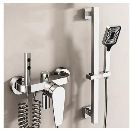 SWHC Badewannenarmatur mit Handbrause, Wandhalterung Mischbatterie Badewanne 3 Funktionen Wasserhahn Badewanne Messing Wannenarmatur mit 2 Modi Bidet-Handbrause, 60cm Duschstange