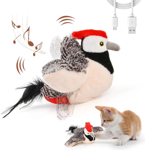 LIFLIX Interaktives Katzenspielzeug Vogel, Flattern der Flügel (fliegt Nicht) und zwitschernder Vogel Spielzeug, Katzenminze Spielzeug Spatzen für Katzen, Wiederaufladbar, Specht