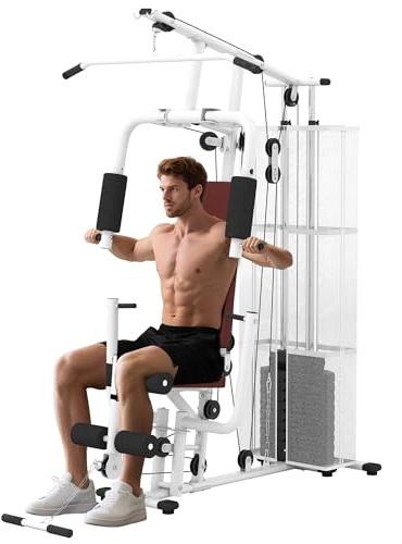 HOMCOM Home Gym Equipment, Multi Gym Workout Station with 45Kg Weight Stack, Chest Station, Butterfly Press & Leg Developer for Strength Training, White