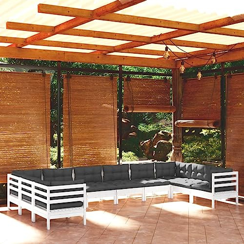 WEMYUFURN 10-TLG. Garten-Lounge-Set mit Kissen Weiß Kiefernholz, Outdoor-Sitzgruppe, Terrassen-Lounge-Set, Garten-Couchgarnitur - Wetterbeständig, Komfortabel - für Terrasse, Garten und Balkon