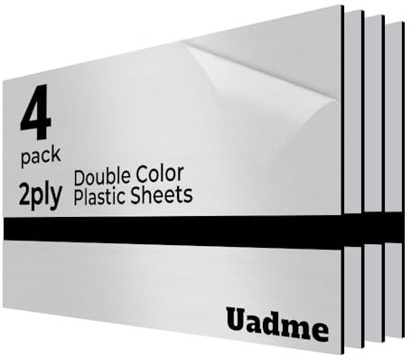 Uadme Placa para Grabado Laser, 20x30 cm 1,3mm, 4 Láminas Plástico Bicolor, Placas Grabada para Carteles Personalizados, Manualidades (Negro sobre Plata Espejo)