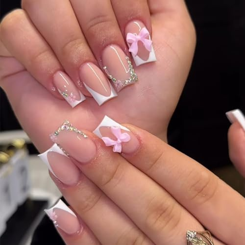 24 Pcs French False Nails White Tip,Press on Nails Medium Coffin Shape Bow Fake Nails with Design Rhinestones Glue on Nails French Nail Tips False Nails Supplies Full Cover Glossy Acrylic Nails