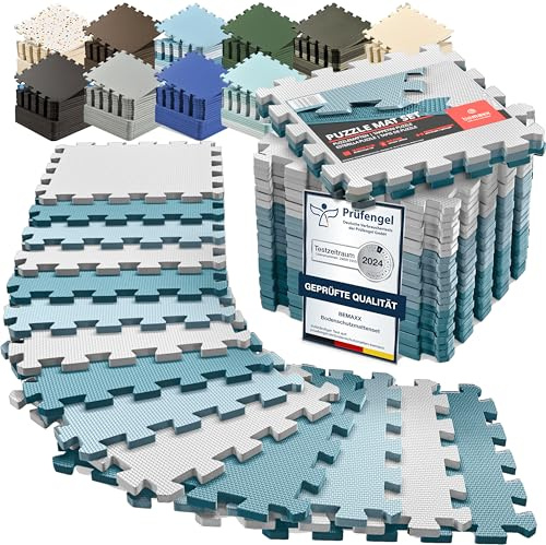 bemaxx Interlocking Soft Foam Floor Mat - Protective Gym Flooring Set, Exercise Mats EVA Puzzle Tiles, Ground Protection Workout Sports Pool Home Fitness - Cool Blue Trio - 18 Piece 32L x 32W x 1Th cm