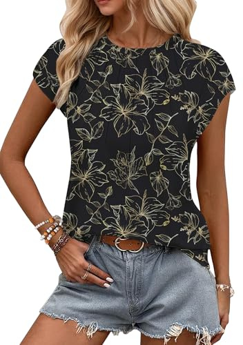 WNEEDU T Shirt Donna Girocollo Maglietta Manica Corta Eleganti Top Estivi Casual Magliette Senza Maniche Foglia Nero Oro XL