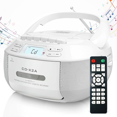 Lettore CD Boombox Lettore di Cassette Combinato con Bluetooth, Lettore CD Portatile, Telecomando, Display a LED, Audio Stereo con Telecomando, unità AUX/USB, Alimentazione CA/CC White