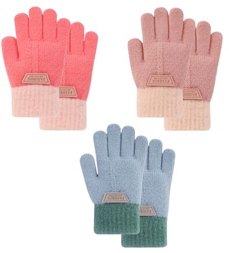QKURT 3 Paires Gants Hiver pour Enfant, Gants en Tricot d'Hiver Extensibles pour Enfant, Gants Chaud Plein-doigts Tricotés, Mitaines D'Hiver Enfant pour Enfant Fille Garçon 3-8 Ans