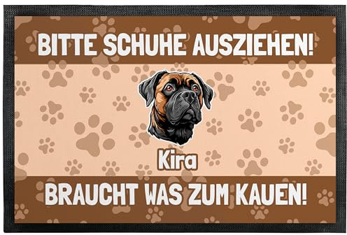 Personalisierte Fußmatte „Bitte Schuhe ausziehen! Namen brauchen was zum Kauen!“ - 1 Hund - Deko-Fussmatte, Geschenk zum Einzug, Schmutzmatte mit Hunderassen - dünn, rutschfest, 60 x 90 cm