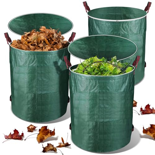 ISOISL 3X Gartenabfallsack, 272L Gartensack mit 4 Stabilen Griffe, Selbststehend Faltbar Laubsack Groß Robust, mit Deckel verschließbar, Gartensäcke für Gartenabfälle, Laubabfal, Grünschnitt