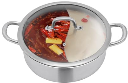 Hot Pot kastrull 2 kammare rostfritt stål, hotpot-spis med 2 soppslevar, hotpot soppgryta för induktionsspis, gasspis, glaslock (32 cm)