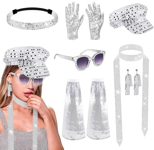 7 Stück 70er Disco Halloween Accessoires 80er Jahre Damen Kostüm Glitzer Zubehör mit Pailletten Schal, Sonnenbrille, Ohrringe, Hut, Stirnband, Handschuhe, Beinstulpen 1970er Halloween Karneval Party