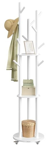 VASAGLE Freestanding Coat Rack Stand, Coat Tree with 11 Hooks, 3 Shelves, 4 Removable Wheels, for Hallway, Bedroom, Living Room, Cloud White RCR023W01