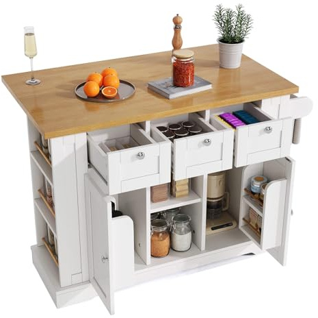 DRIXNO 132cm Mobiler Küchentisch, Landhausstil, Klappbare Arbeitsplatte, Multifunktionsschrank, Schublade, Gewürzregal, Handtuchhalter, 5 Rollen, Integrierte Steckdose, Weiß