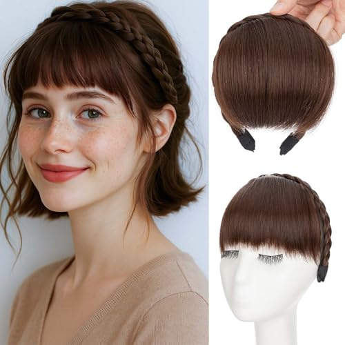 S-noilite Stirnband mit Pony Fransen, Front Haar Pony Perücken Stirnbands, Synthetische geflochtene Haarverlängerungen Haarteil,Schokoladenbraun