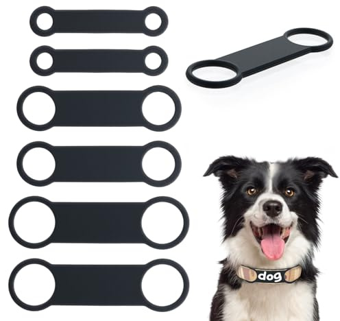 6 PCS Personalized Dog and Cat Tag, Rubber Band Replacement Silicone Elastic Holder for Pet Collar Slide on Name ID Silent Noiseless Attachement for Puppy Kitten Small Dogs Cats (Black, 3 Sizes)