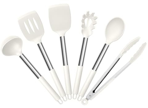 HaWare Kitchen Utensils Set, 6 Pcs Silicone Cooking Utensils Set with Stainless Steel Handle, Non-Stick Cooking Tools Turner Spatula Spoon Tong, Heat Resistant & Non-Scratch, Dishwasher Safe-White