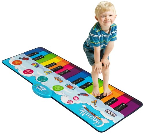 KOMFOTTEU Klaviermatte für Kinder ab 3 Jahren, 24 Tasten, Babyklavier, faltbar, mit 8 Instrumententönen, Musikmatte, Aufnahme & Lesen, 120 x 47 cm, Regenbogenfarben