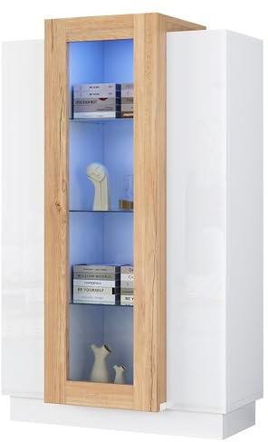 PCXWTLN Wohnzimmerschrank mit 3 Türen, Mehrzweckschrank Vitrine Hochglanz mit LED Bücherschrank mit Glasablagen und Schublade für Wohnzimmer Büro Küche, Weiß, 74 * 40 * 120CM
