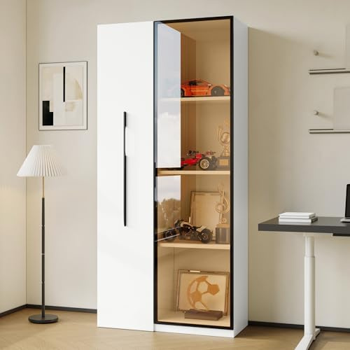 Aislinglen Vitrine mit Glastür und LED, Bücherregal mit Rollen，Türrahmen aus Aluminium vitrinenschrank, Multifunktionsschrank, Hochschrank, Badezimmerschrä, Esszimmerschrank (70 x 40 x 160 cm)