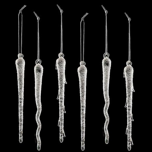 HERZWILD 6 carámbanos de cristal, 15 cm, adornos para árbol de Navidad, diseño de carámbanos de hielo (mezcla transparente)