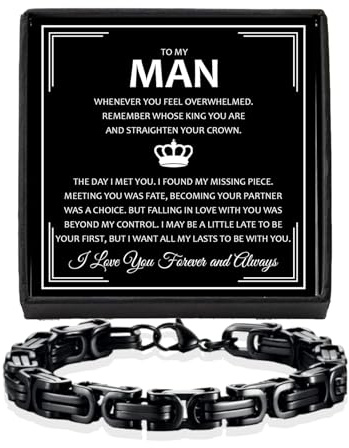 CALLA DECORGIFTS Black King's Bracelet for Man – Straighten Your Crown & All My Lasts – Stainless Steel Jewelry for King – Boyfriend/Husband Gift with Message Card