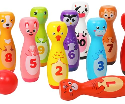 Odoukey Bowling-Set für Kinder, niedliches bemaltes Holz mit 10 Tiernadeln und 2 Bällen, Eltern-Kind-Interaktion, Kegelspiel für