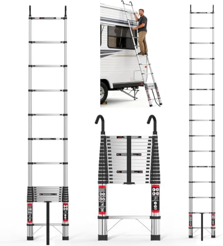 Scala Telescopica 4,4 Metri con Ganci Staccabili, Carico 150 KG | Scala Antiscivolo e Pieghevole per Interni ed Esterni | Leggera, Sicura Ideale per Casa, Giardino e Camper, in Acciaio