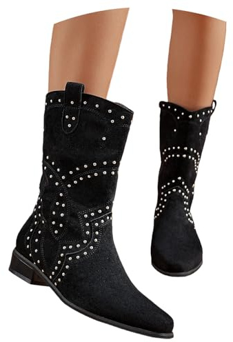 Plus Size Ankelstövlar for Kvinnor Mellanhöga Stövlar Med Nitar Retro Western Cowboystövlar Mockastövlar Med Dragkedja Kvinnor Spetsiga Ankelskor for Konserter(Black,41 EU)
