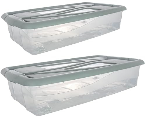 Unterbettkommode mit Rollen 2er-Set – 45L Transparente Unterbett Aufbewahrungsboxen (75x41x16,5cm) mit Deckel & Clip-Verschlüssen, Flache Rollboxen für Kleidung, Bettwäsche & Schuhe – Made in EU – Gra