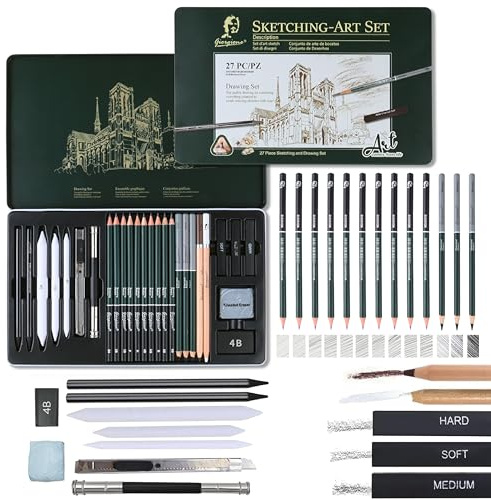 Set de Dessin Artistique Professionnel 27 Pièces - Crayons Fusain, Graphite et Papier pour Artistes, Étudiants et Débutants - Fournitures d'Art Complètes pour Croquis, Dessin et Techniques Mixtes