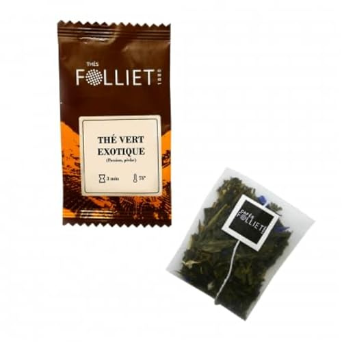 CAFÉS FOLLIET - Thé Vert - Exotique - Fruit de la passion & Pêche - Fleur de tournesol - Antioxydant - Sachets d'origine végétale - 24 Sachets