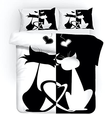 Meimall Juego De Ropa De Cama De 3 Piezas Blanco Y Negro Pintura Gatito Amor 150X220 Cm Funda Nórdica Grande 3 Piezas Moderno Impreso Microfibra Edredón Ropa De Cama Conjunto Cierre De Cremallera