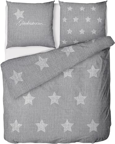 LINKHOFF Biber Bettwäsche Sterne 135x200 2tlg - Bettwäsche 135x200 Sterne Grau Weiß - Bettwäsche-Set aus Baumwolle - Bettbezug 135x200 + Kissenbezug 80x80