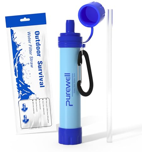 Purewell Paille Filtrante à Eau Survival - Filtre Portable 0.01 Micron Élimine 99.99% Bactéries - Avec Mousqueton - Pour Randonnée Camping Urgence - Durée de Vie 1500L Sans BPA