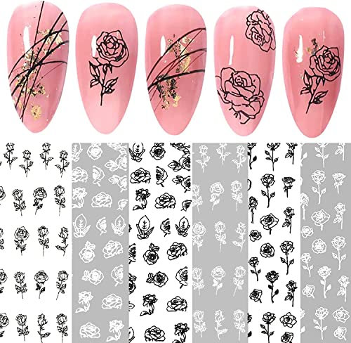 Yeahbo Nagelsticker Selbstklebend Blumen Weiß Schwarz, Nail Sticker Selbstklebend Nageldesign Zubehör 3D Nagel Sticker Rosenblatt, Nail Art Stickers Set für Frauen Mädchen Maniküre DIY Nagelstudio