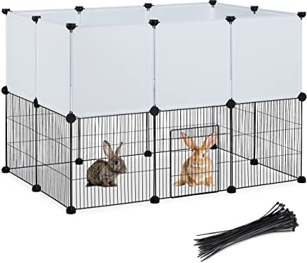 Relaxdays Free-Range Enclosure for Small Pets, HxWxD: 72.5 x 110 x 74 cm, Extendable Metal Cage, Plug-In, Black/White