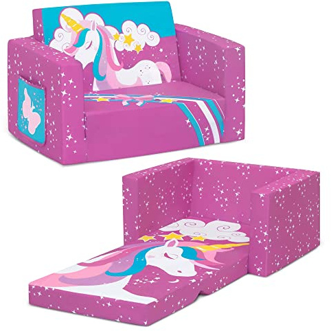 Delta Children Cozee Kids Couch 2-Seater Kids Sofa, Convertible 2-in-1 Flip Open Toddler Couch Sleeper, Foam Chair for Playroom & Bedroom, Bed Lounger, Comfy Play Sleeping Lounge Chair, Unicorn